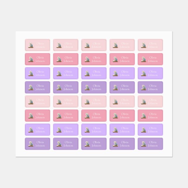 Cute Kitten with Backpack Pink and Lilac Clothes Labels (Sheet)