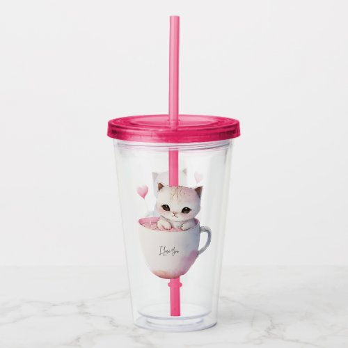 Cute Kitten with Balloon Heart Acrylic Tumbler