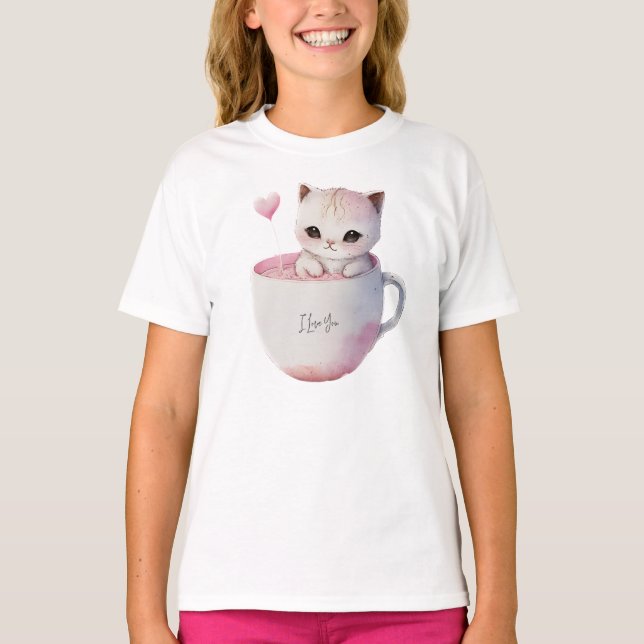 Cute Kitten with Balloon Heart T-Shirt (Front)