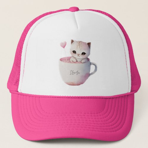 Cute Kitten with Balloon Heart Trucker Hat