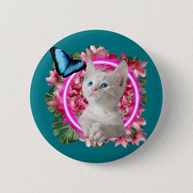 Cute Kitten with blue butterfly on neon tropical Button (Front)