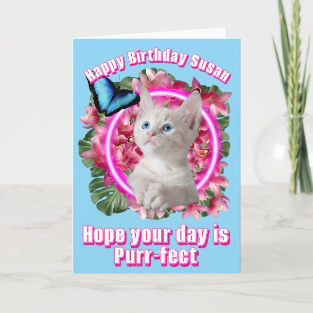  Cute Kitten with blue butterfly on neon tropical Card (Front)