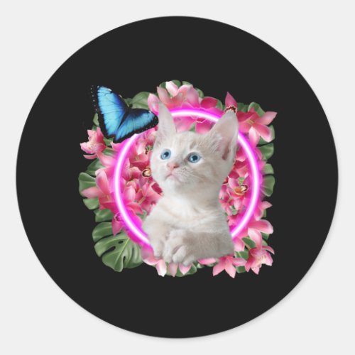  Cute Kitten with blue butterfly on neon tropical Classic Round Sticker