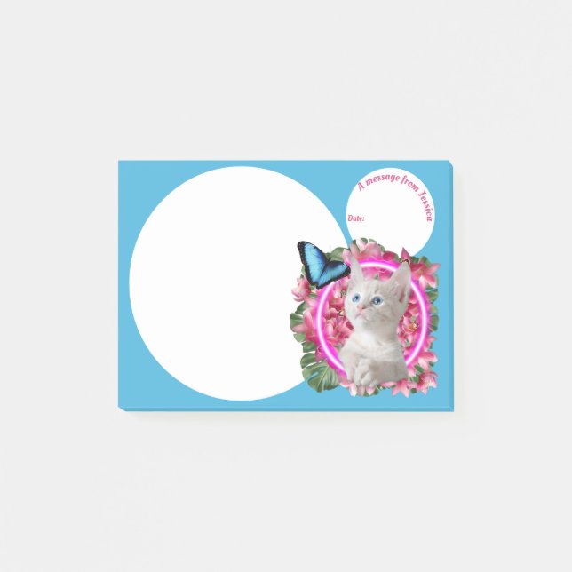 Cute Kitten with blue butterfly on neon tropical P Post-it Notes (Front)