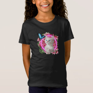 Cute Kitten with blue butterfly on neon tropical T-Shirt