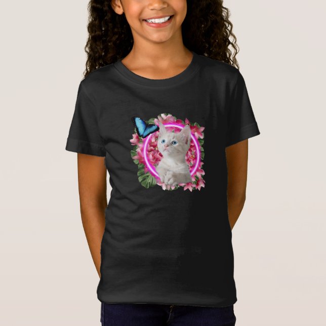  Cute Kitten with blue butterfly on neon tropical  T-Shirt (Front)