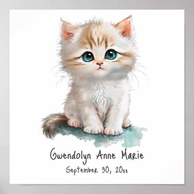 Cute Kitten with Blue Eyes Watercolor Nursery Art Poster (Front)