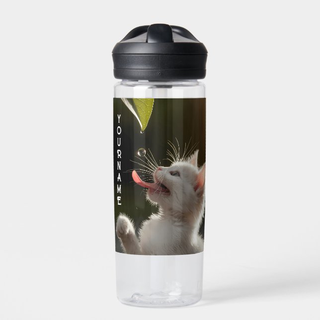 Cute Kitten with Dewdrop Personalized Name Gift Water Bottle (Front)