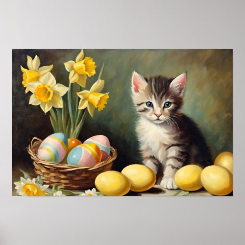 Cute Kitten With Easter Eggs Poster