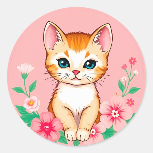 Cute Kitten with Flowers Classic Round Sticker (Front)