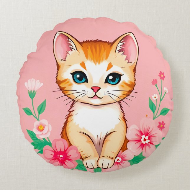 Cute Kitten with Flowers Round Pillow (Front)