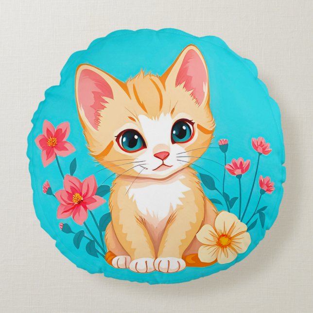Cute Kitten with Flowers Round Pillow (Front)