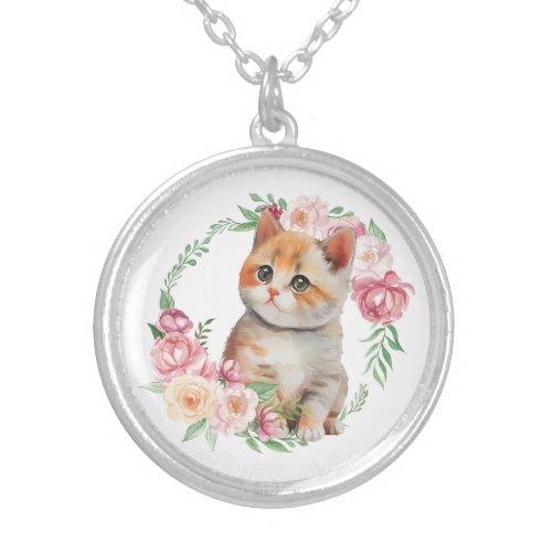 Cute kitten with flowers silver plated necklace