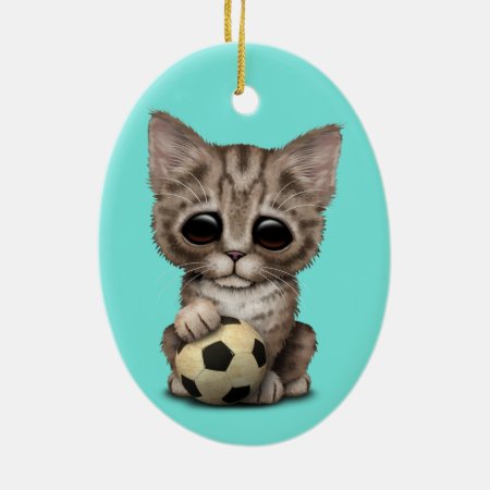Cute Kitten With Football Soccer Ball Ceramic Ornament