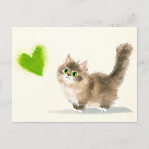 Cute Kitten with Green Heart – Minimal Design Postcard