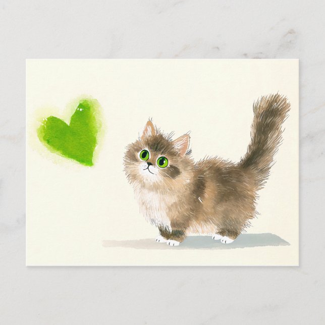 Cute Kitten with Green Heart – Minimal Design Postcard (Front)