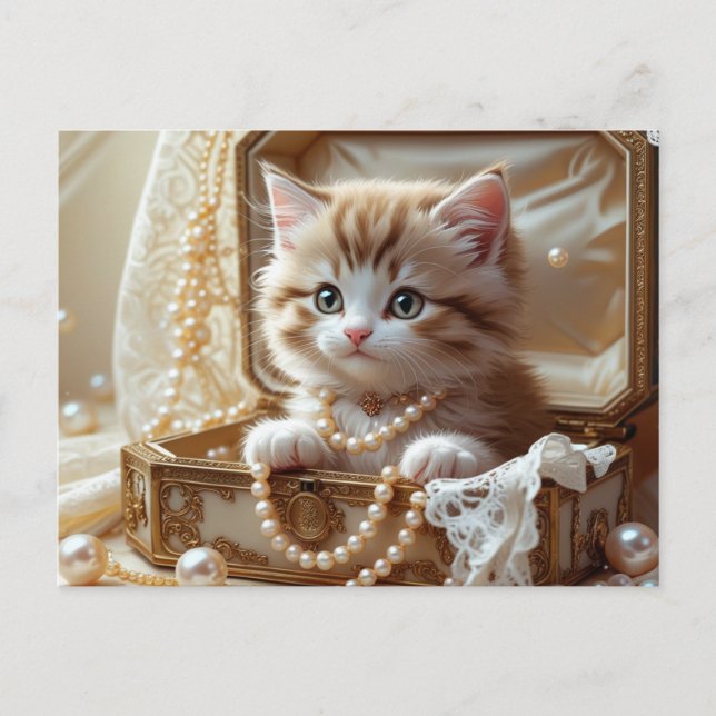 Cute Kitten with Pearls Sitting in a Jewelry Box  Postcard (Front)