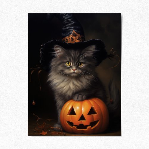 Cute Kitten with Pumpkin Victorian Halloween Holiday Postcard