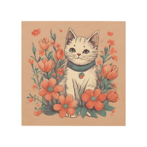 Cute Kitten with Red Flowers  Wood Wall Art
