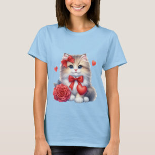 Cute Kitten with Red Rose and Heart Love Art 🐱🌹 T-Shirt