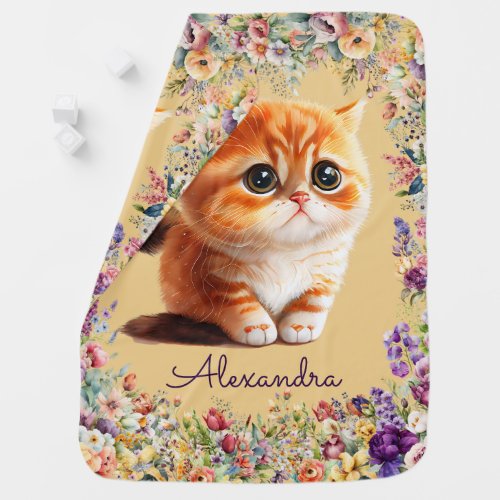 Cute kitten with spring watercolor flowers baby blanket