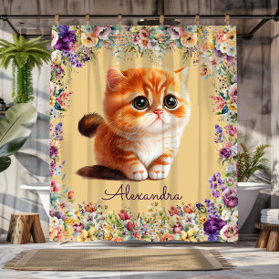 Cute kitten with spring watercolor flowers shower curtain