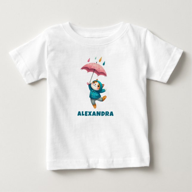 Cute Kitten with Umbrella Dancing in the Rain Baby T-Shirt (Front)