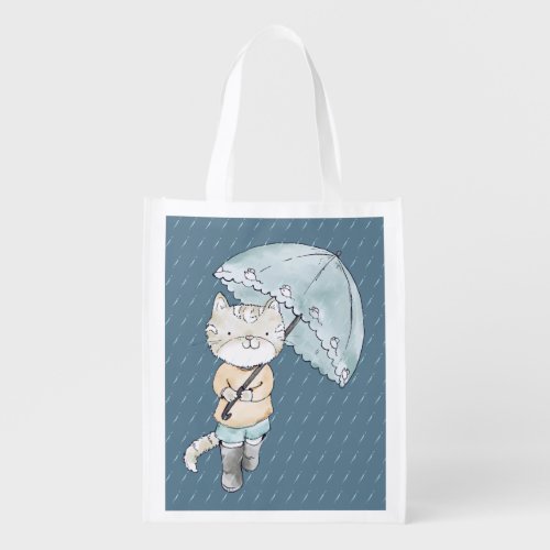 Cute Kitten with Umbrella in Rain illustration Grocery Bag