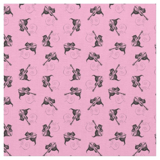 Cute Kitten with Violin Antique Cat CUSTOM COLOR Fabric (Close Up)