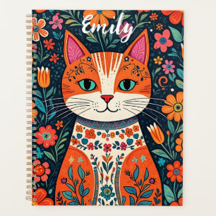 Cute Kitten with Whimsical Folk Art Flowers Planner