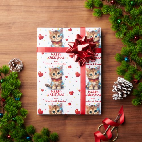 Cute Kitten Wrapped in Christmas Lights Grandkids Wrapping Paper