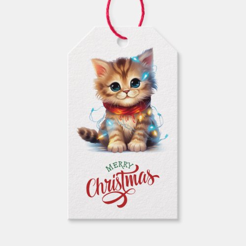 Cute Kitten Wrapped in Holiday Lights Gift Tags