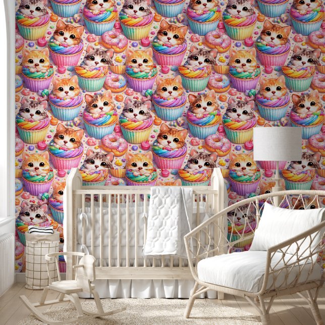Cute kittens and cupcake pattern rainbow sweet tre wallpaper  (Kids)