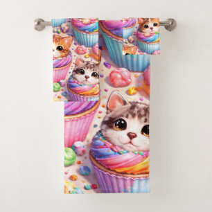 Cute kittens and cupcakes, bath towel towel rainbo