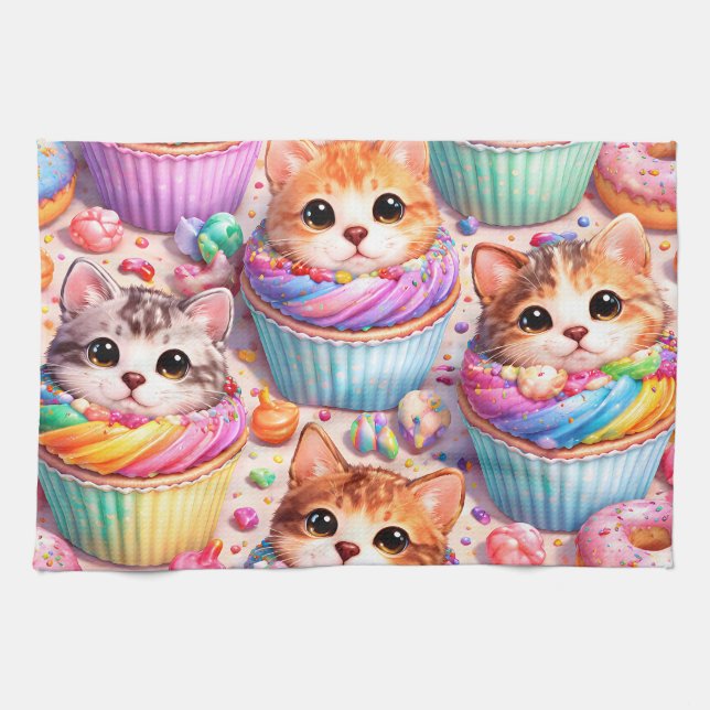 Cute kittens and cupcakes, kitchen towel, rainbow  towel (Horizontal)