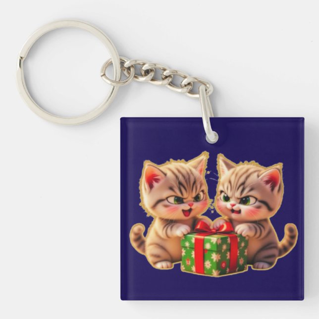 **Cute Kittens Fighting Over a Gift – Funny Christ Keychain (Front)