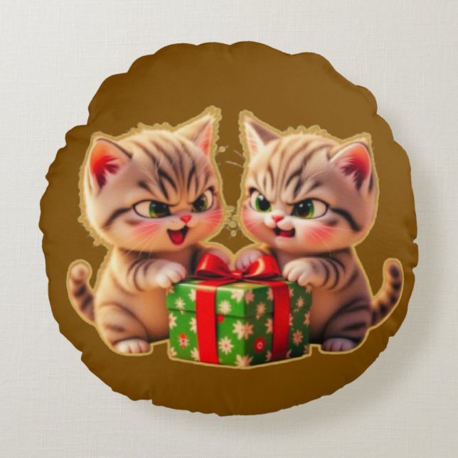 **Cute Kittens Fighting Over a Gift – Funny Christ Round Pillow (Front)