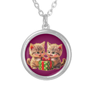 **Cute Kittens Fighting Over a Gift – Funny Christ Silver Plated Necklace
