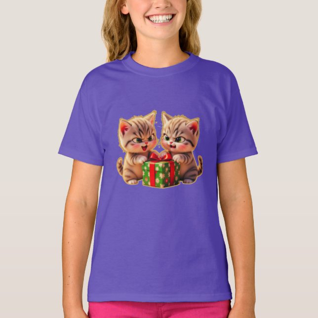 **Cute Kittens Fighting Over a Gift – Funny Christ T-Shirt (Front)