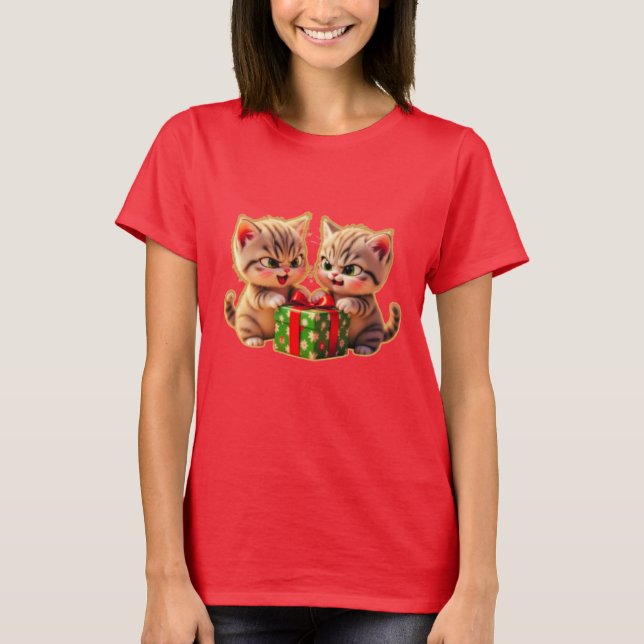 **Cute Kittens Fighting Over a Gift – Funny Christ T-Shirt (Front)