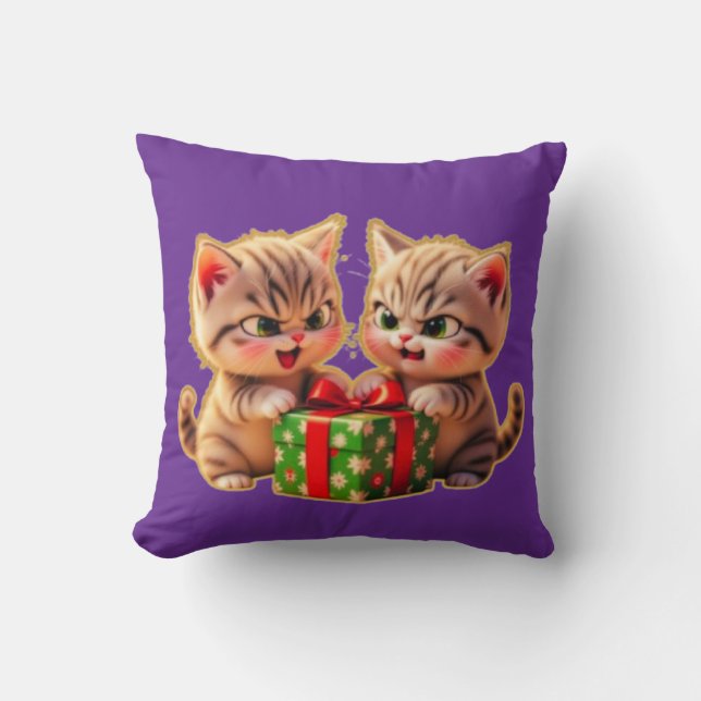 **Cute Kittens Fighting Over a Gift – Funny Christ Throw Pillow (Front)