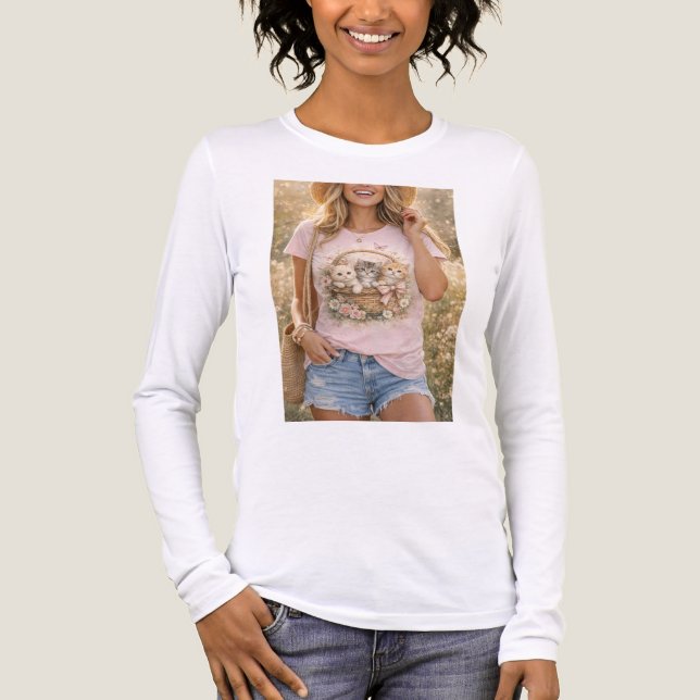 Cute Kittens Floral Graphic Girls  T-Shirt Tri-Blend Shirt (Front)