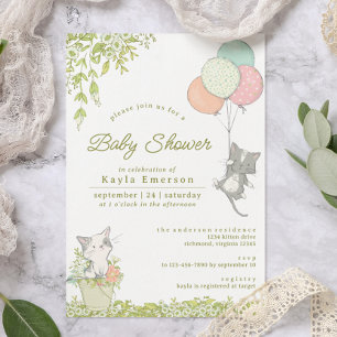 Cute Kittens & Floral   Neutral Spring Baby Shower Invitation