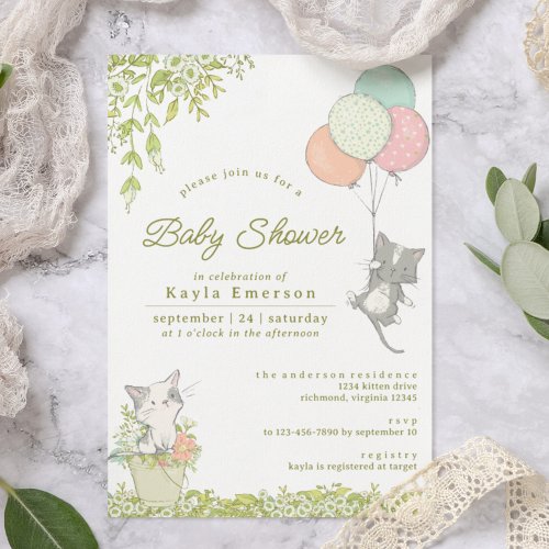 Cute Kittens  Floral  Neutral Spring Baby Shower Invitation