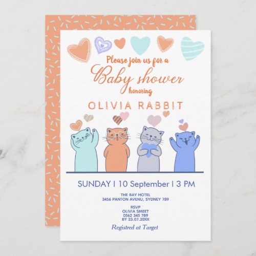 Cute Kittens Hearts Pink Blue Baby Shower Invitation