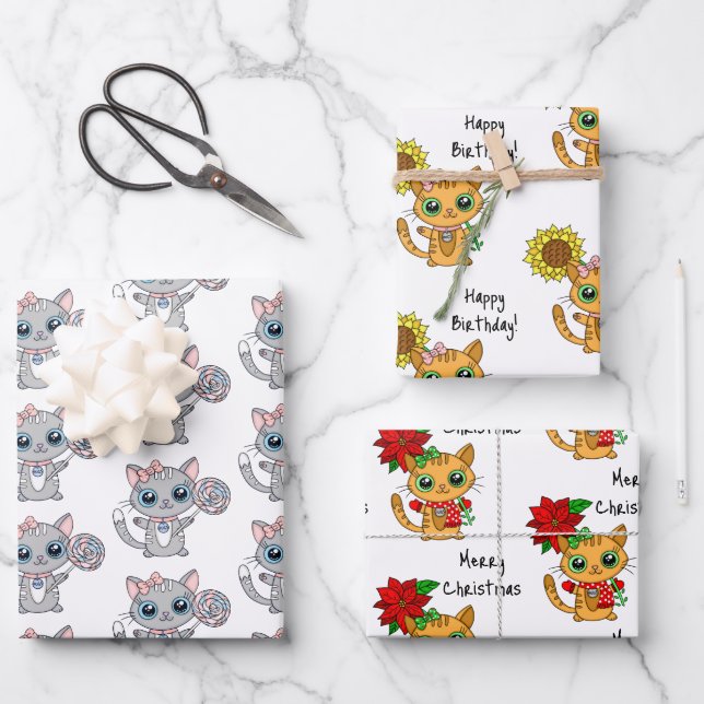 Cute Kittens holding Flower Birthday and Christmas Wrapping Paper Sheets (Front)