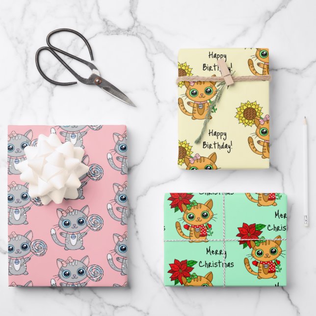 Cute Kittens holding Flower Birthday and Christmas Wrapping Paper Sheets (Front)