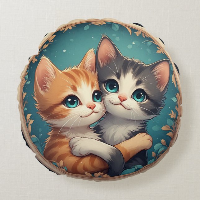 Cute Kittens Hugging Together Round Pillow (Front)