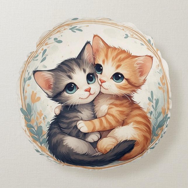Cute Kittens Hugging Together Round Pillow (Front)