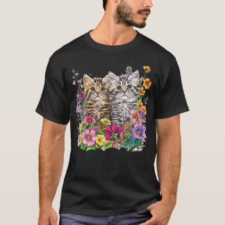 Cute Kittens In Flower Garden T-Shirt